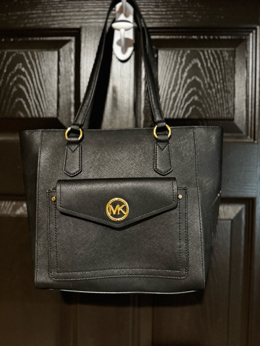 Michael Kors Black Saffiano Tote with Gold MK Accent